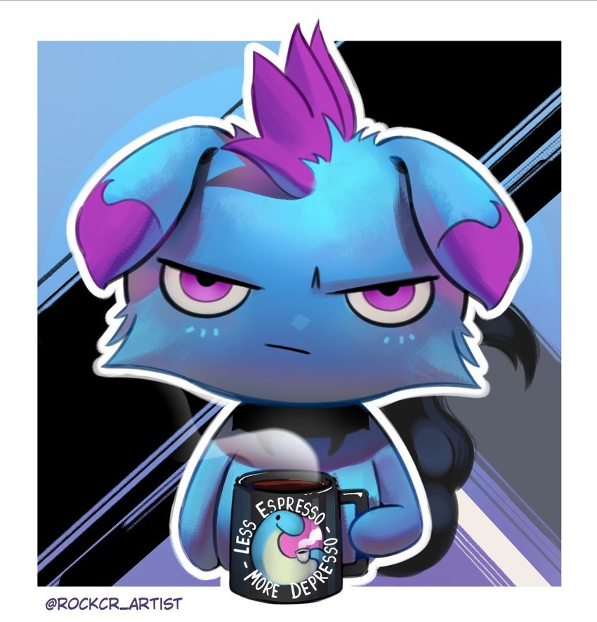 ambiguous_gender beverage blue_body border chibi coffee container cup feral hair holding_container holding_cup holding_mug holding_object looking_at_viewer mohawk mug outside_border purple_eyes purple_hair solo steam upper_body white_border rockcr_artist palworld pocketpair depresso pal_(species) relaxaurus artist_name