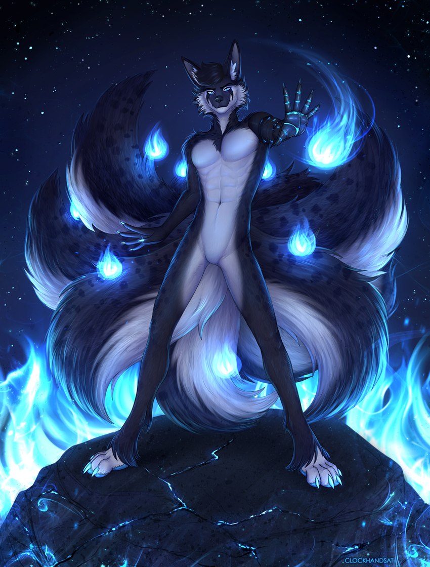 anthro arm_tuft big_tail biped black_body black_ears black_fur black_hair black_nose black_tail blue_claws blue_eyes blue_pawpads cheek_tuft chest_tuft claws clear_sky digitigrade elemental_manipulation facial_markings facial_tuft featureless_crotch fire fire_manipulation front_view fur glistening glistening_nose glistening_pawpads glowing glowing_claws grey_inner_ear hair head_markings inner_ear_fluff looking_at_viewer magic_user male markings multicolored_tail night nude outside pawpads short_hair shoulder_tuft sky solo standing star tail tuft white_body white_fur white_inner_ear_fluff white_tail clockhands tsukiko canid mammal artist_name hi_res