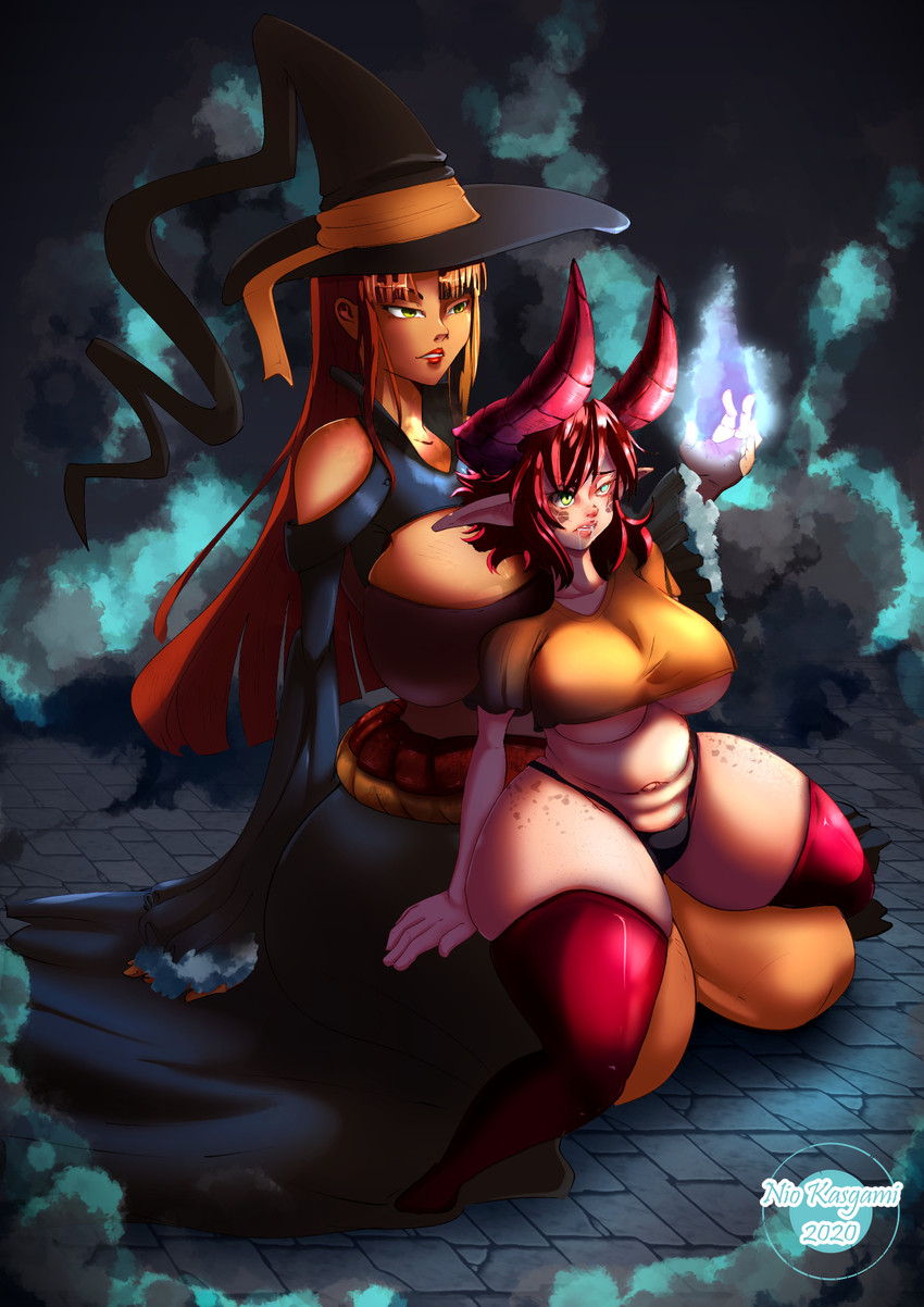 big_breasts blonde_hair breasts clothing duo female hair hat headgear headwear horn humanoid_pointy_ears kneeling long_hair magic magic_user pointy_ears red_hair short_stack slightly_chubby thick_thighs underwear witch witch_hat nio_kasgami mythology princess_lil princess_diagora animal_humanoid dragon dragon_humanoid human humanoid mammal mythological_creature mythological_scalie scalie 2020 hi_res