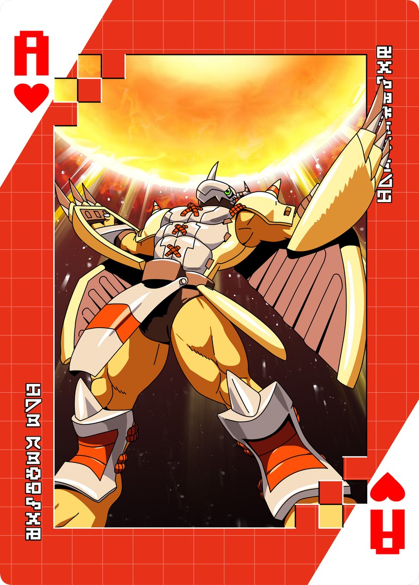 anthro armor card charging claws clothing energy_ball green_eyes headgear helmet horn male muscular muscular_anthro muscular_male orange_body pecs playing_card solo speedo suit_symbol swimwear roaringmoon bandai_namco digimon digimon_(species) wargreymon hi_res