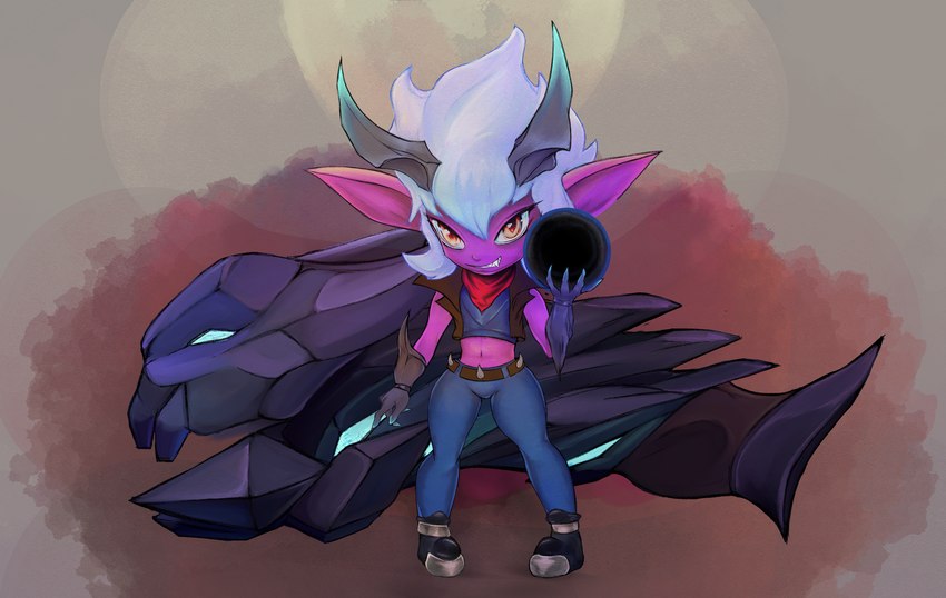 clothing female gloves gun handwear horn purple_body ranged_weapon simple_background smug solo weapon yellow_eyes sarakatka league_of_legends riot_games tencent little_demon_tristana_(lol) tristana_(lol) humanoid yordle absurd_res hi_res