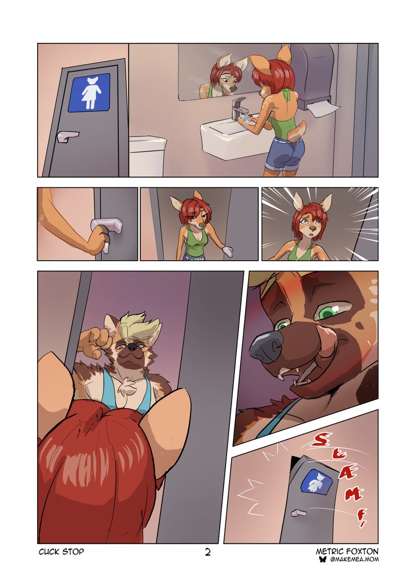 anthro bathroom cuckold duo female male male/female public_restroom text metric_fox canid canine canis deer domestic_dog german_shepherd herding_dog mammal pastoral_dog english_text hi_res