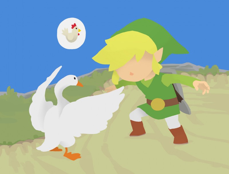 ambiguous_gender beak clothed clothing duo feral footwear fully_clothed hair humanoid_pointy_ears male pointy_ears standing wings nikogeyer nintendo the_legend_of_zelda untitled_goose_game wind_waker goose_(untitled_goose_game) toon_link anatid anseriform anserinae avian bird goose humanoid hylian 2019 crossover hi_res