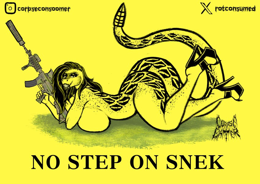 anthro ass_up big_breasts big_butt black_hair breasts butt clothing female footwear gun hair high_heels looking_at_viewer lying on_front politics ranged_weapon shoes solo thick_thighs weapon yellow_body corpse_eater don't_tread_on_me pit_viper rattlesnake reptile scalie snake viper absurd_res hi_res