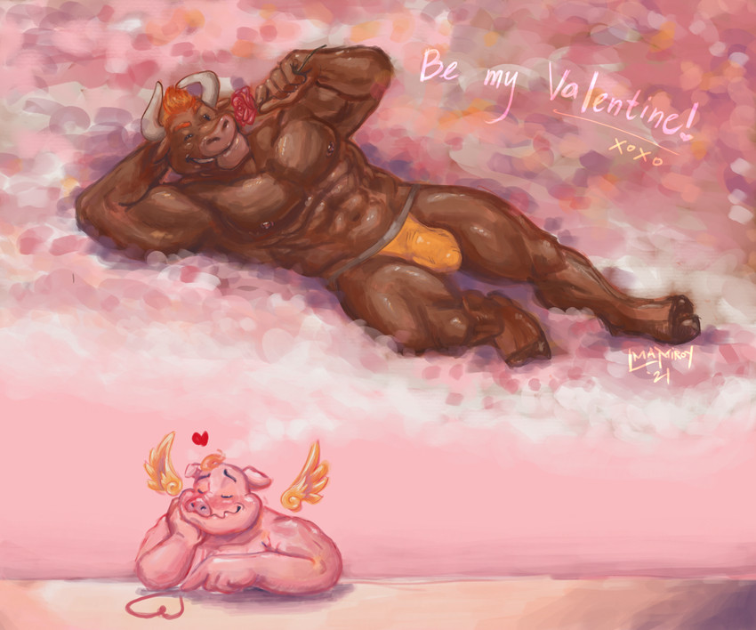 blush brown_body brown_fur bulge clothing daydream eyes_closed flower fur hair heart_symbol holding_flower holding_object holding_rose holidays horn jockstrap lying male muscular one_eye_closed orange_hair pink_background plant rose_(flower) simple_background text underwear wings wink alexyorim valentine's_day cupig_(alexyorim) taurus_rose bovid bovine cattle domestic_pig mammal suid suina sus_(pig) 2021 6:5 digital_media_(artwork) digital_painting_(artwork) english_text hi_res