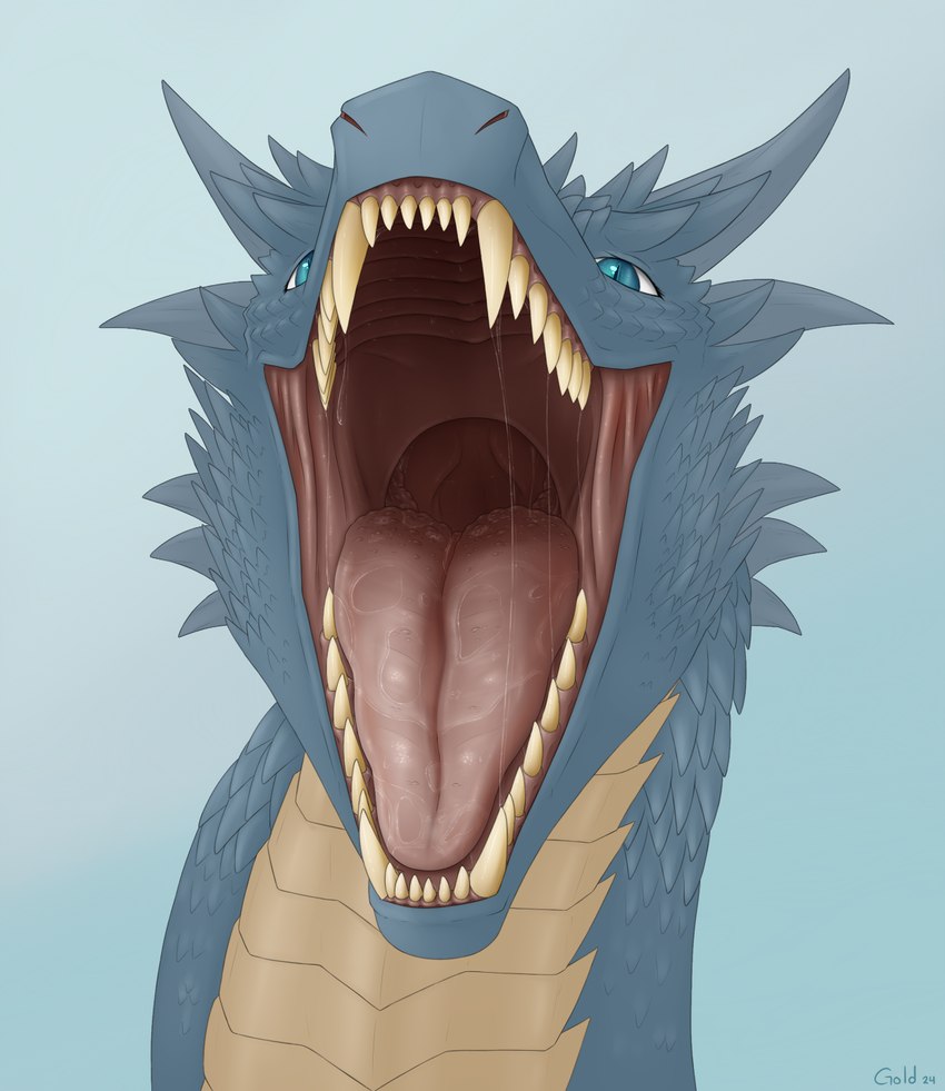 ambiguous_feral ambiguous_gender blue_body blue_eyes blue_scales bodily_fluids detailed_mouth feral front_view gaping_mouth horn looking_at_viewer mouth_shot open_mouth pink_tongue saliva saliva_string scales sharp_teeth snout solo spikes spikes_(anatomy) teeth throat tongue drgn_gold inheritance_cycle mythology saphira dragon mythological_creature mythological_scalie scalie headshot_portrait hi_res portrait female_(lore)