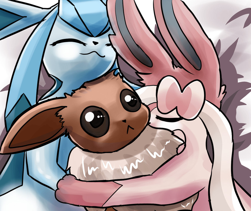 ambiguous_gender bed bed_sheet bedding bow_(feature) chest_tuft cuddling ears_back eyes_closed furniture group hug looking_up love lying on_bed pivoted_ears scared sleeping tuft wide_eyed fluorite nintendo pokemon eevee eeveelution generation_1_pokemon generation_4_pokemon generation_6_pokemon glaceon pokemon_(species) sylveon hi_res