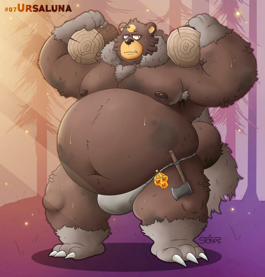 anthro axe belly bodily_fluids brown_body brown_fur bulge clothing firewood fur humanoid_hands looking_at_viewer male melee_weapon moobs navel nipples outside overweight overweight_anthro overweight_male plant solo sweat tree underwear weapon stompsyeen nintendo pokemon pokemon_legends_arceus bear generation_8_pokemon mammal pokemon_(species) ursaluna 2022 hi_res