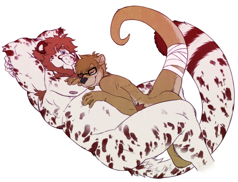 anthro bandage barazoku beard belly cuddling duo eyewear facial_hair fluffy glasses hug male male/male muscular nude scar simple_background spots the-narutoshi macbeth_plisskin zander_jones cheetah felid feline mammal mustelid otter