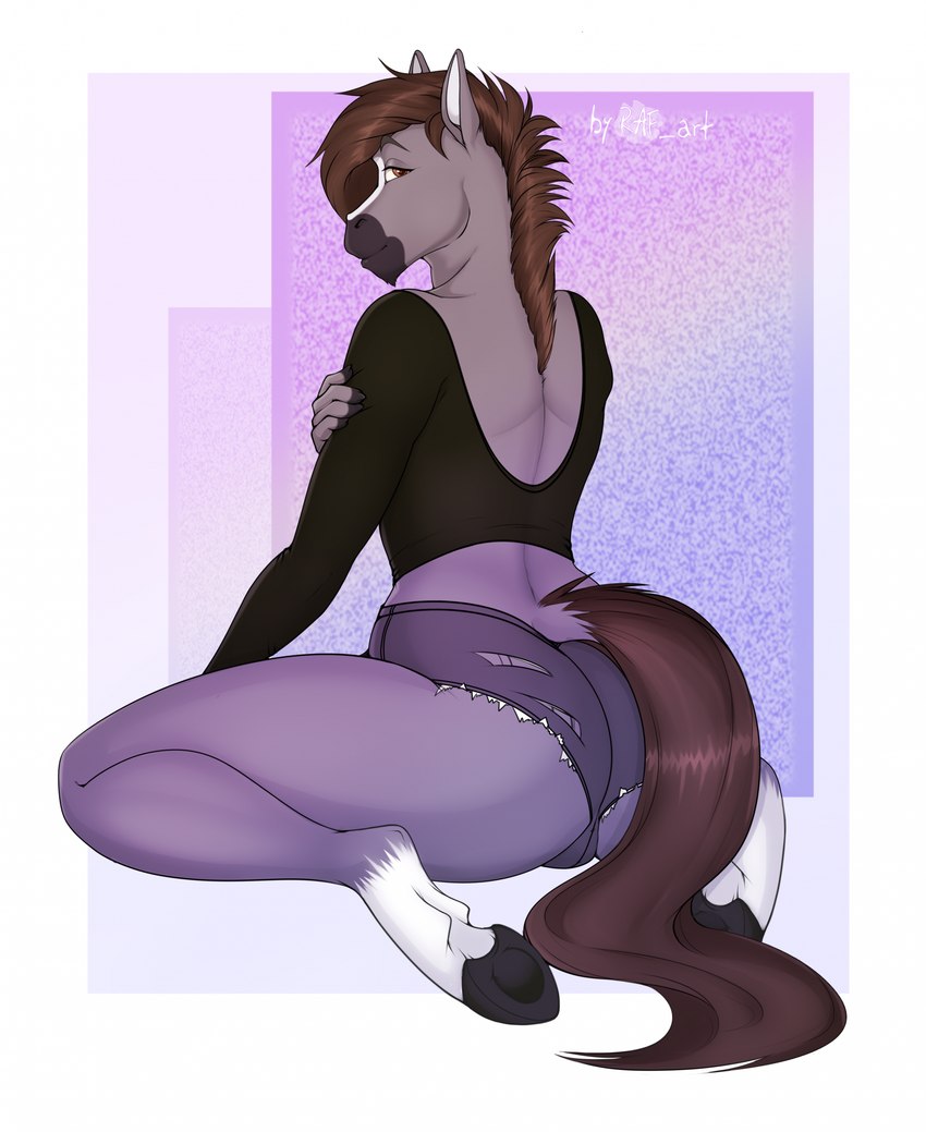 abstract_background anthro big_butt blaze_(marking) brown_hair butt clothing crop_top facial_markings femboy fur grey_body grey_fur hair head_markings hooves kneeling leg_markings looking_at_viewer looking_back male markings rear_view shirt socks_(marking) solo thick_thighs topwear underhoof raf_art dallas_prairiewind equid equine horse mammal hi_res