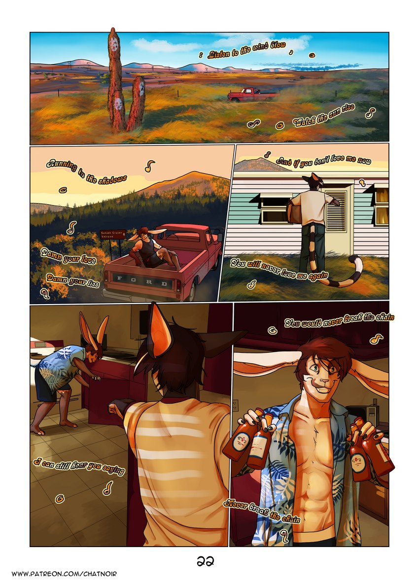 alcohol aloha_shirt anthro beer beverage bottomwear car clothed clothing container desert detailed_background duo fur hair long_ears looking_at_viewer male markings motor_vehicle music open_mouth outside pattern_clothing pattern_shirt pattern_topwear plant shirt sky smile sunset text topwear vehicle chat_noir_(artist) ford adrian_donovan letho_donovan shaun_robbins bassariscus lagomorph leporid mammal procyonid rabbit ring-tailed_cat comic digital_media_(artwork) english_text hi_res url brother_(lore) brothers_(lore) sibling_(lore) twins_(lore)