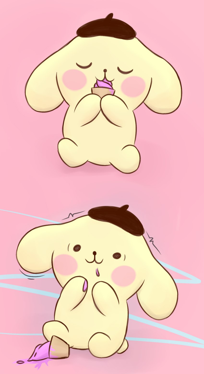 :3 blush brain_freeze dessert feral food ice_cream solo damian_dword pompompurin_(series) sanrio pompompurin_(character) canid canine canis domestic_dog mammal absurd_res hi_res