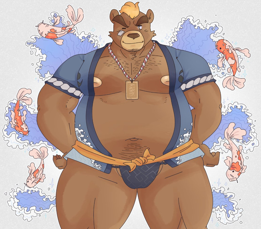 anthro asian_clothing belly brown_body brown_fur clothing east_asian_clothing fundoshi fur happi_(clothing) japanese_clothing male moobs nipples one_eye_closed overweight overweight_anthro overweight_male solo underwear wink matchaijuice lifewonders tokyo_afterschool_summoners ashigara_(tas) bear mammal 2020