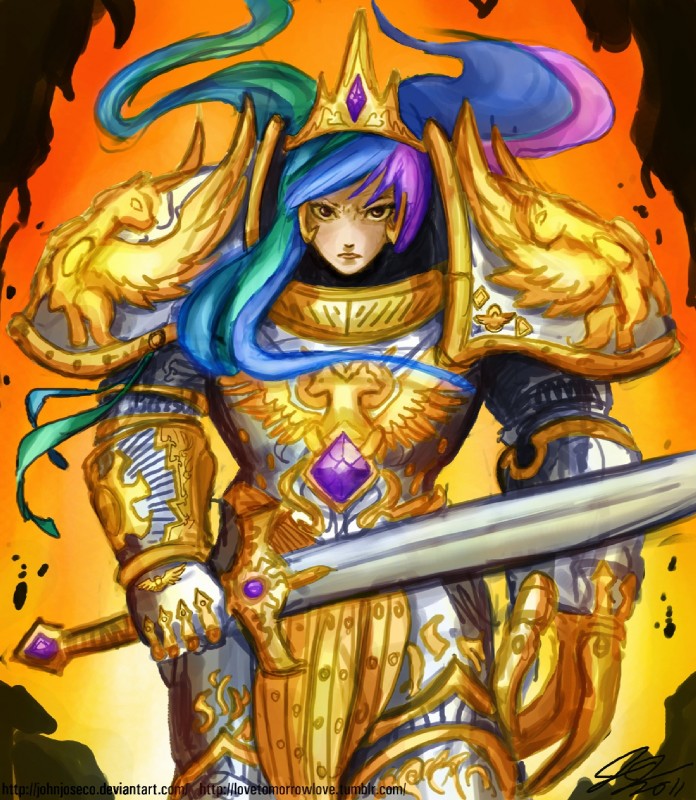 alternate_species amethyst_(gem) armor blue_hair bracers breastplate claw_(weapon) clawed_gauntlets clothed clothing crown female filigree gauntlets gem gloves gold_(metal) green_hair hair handwear headgear holding_melee_weapon holding_object holding_sword holding_weapon humanized long_hair looking_at_viewer melee_weapon multicolored_hair not_furry orange_background pauldron pink_hair plate_armor platemail purple_hair ribbons simple_background solo sword warrior weapon blueshift2k5 john_joseco third-party_edit friendship_is_magic hasbro my_little_pony warhammer_(franchise) warhammer_40000 emperor_of_mankind princess_celestia_(mlp) human mammal 2011 hi_res orange_theme signature