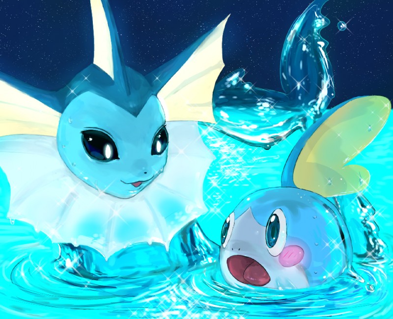 ambiguous_gender blush duo feral open_mouth water cosmo_(artist) nintendo pokemon eeveelution generation_1_pokemon generation_8_pokemon mammal pokemon_(species) reptile scalie sobble vaporeon 2019