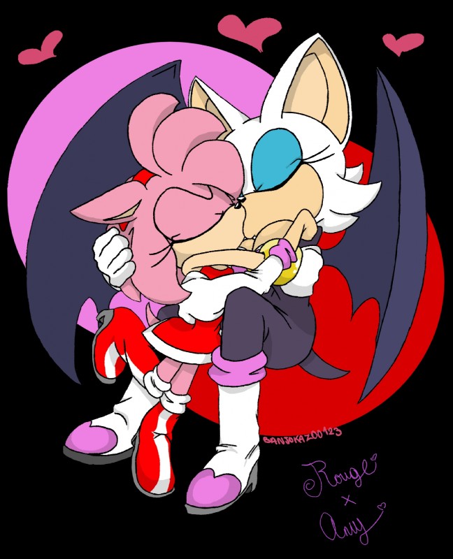 anthro armwear boots clothed clothing duo elbow_gloves eyes_closed female female/female footwear gloves hand_behind_back hand_behind_head hand_on_head handwear heart_symbol hug kiss_on_lips kissing shoes simple_background text thick_thighs thin_thighs wide_hips banjokazoo123 sega sonic_the_hedgehog_(series) amy_rose rouge_the_bat bat eulipotyphlan hedgehog mammal 2016 digital_drawing_(artwork) digital_media_(artwork) hi_res signature