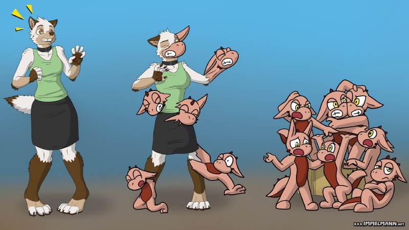 anthro bottomwear clothing collar female gradient group head_hands mitosis multi_self multifur shirt skirt solo_focus splitting tank_top topwear transformation nx-42 kauko canid canine canis kobold mammal wolf 16:9 widescreen