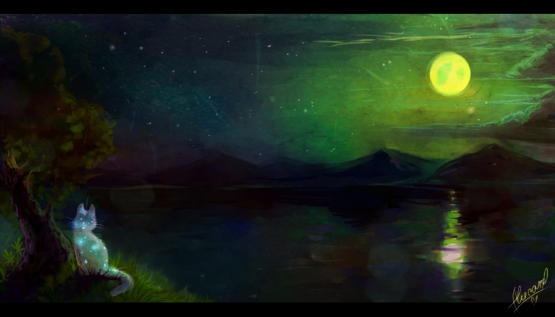 ambiguous_gender black_bars cloud detailed_background feral fur lake moon outside plant sitting sky solo star starry_sky tree arucarrd warriors_(book_series) felid mammal starclan_cat 2012 7:4 digital_media_(artwork) letterbox paint_tool_sai_(artwork)