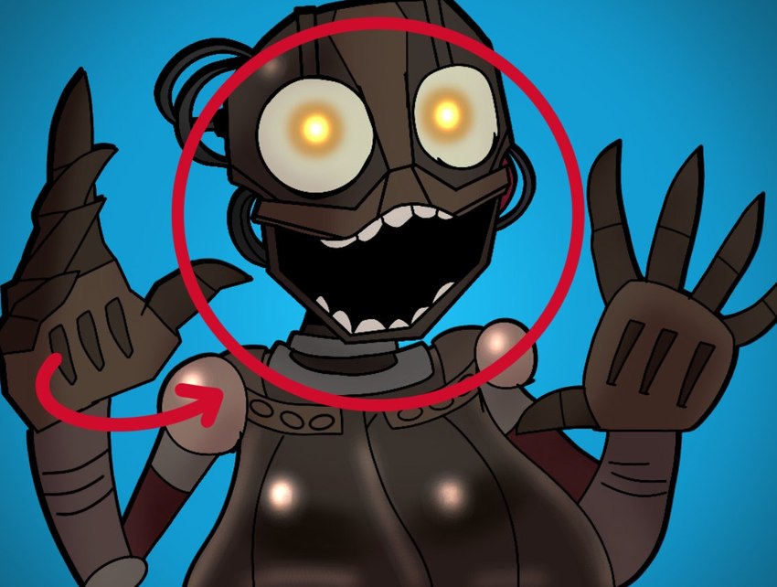 arrow_sign big_breasts blue_background breasts brown_body female fingers glistening glistening_eyes grey_body looking_at_viewer machine multicolored_body open_mouth pose simple_background solo standing teeth wire yellow_eyes furu_flami five_nights_at_freddy's five_nights_at_freddy's:_security_breach mr_beast_(meme) scottgames steel_wool_studios the_mimic_(fnaf) animatronic humanoid robot robot_humanoid 2023 digital_media_(artwork)