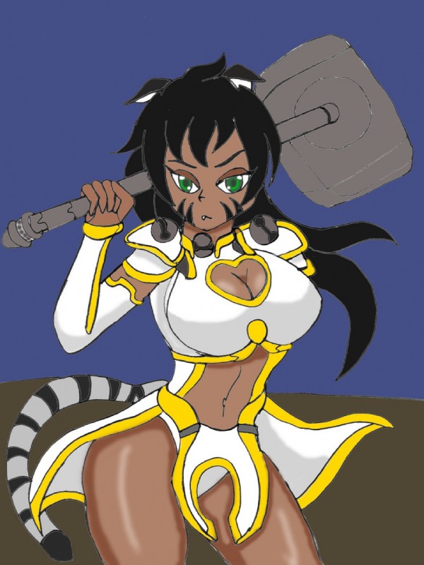 big_breasts black_hair black_stripes breasts cleavage clothed clothing dark facial_markings female green_eyes hair hammer head_markings long_hair markings solo stripes tools war blackwind_zero caribbean_blue kimi_(caribbean_blue) animal_humanoid cat_humanoid domestic_cat felid felid_humanoid feline feline_humanoid felis human humanoid mammal mammal_humanoid 3:4 hi_res