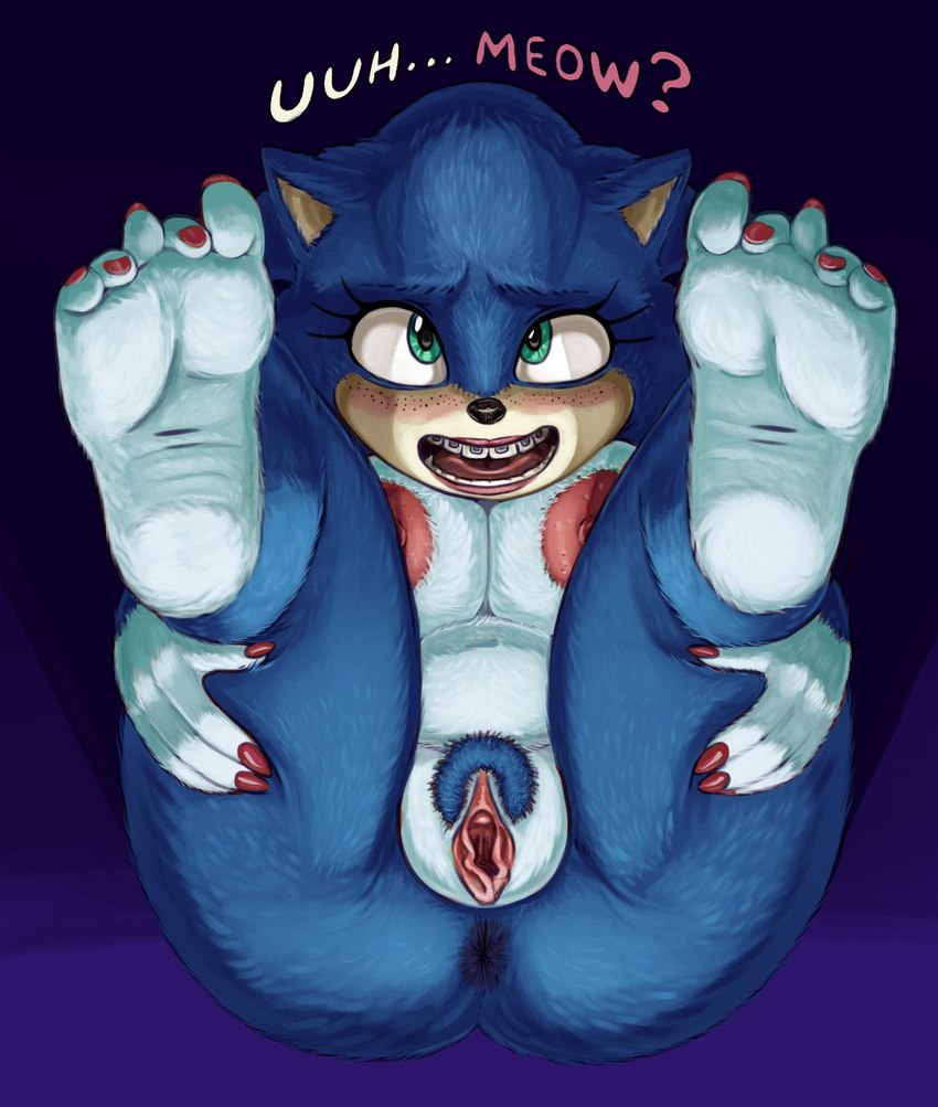 5_toes anthro anus areola bent_legs black_nose blue_body blue_fur blue_hair blue_pubes blush braces breasts butt coal colored_nails crossgender dialogue eyelashes feet female female_anthro foot_focus freckles front_view fur genitals hair hands_on_legs hands_on_own_legs hands_on_own_thighs hands_on_thighs hands_under_legs holding_both_legs holding_both_thighs holding_legs_up humanoid_feet legs_up looking_at_viewer lying mtf_crossgender nails nightmare_fuel nipples nude nude_anthro nude_female on_back open_mouth pink_areola pink_nipples plantigrade pubes pussy red_nails red_toenails simple_background soles solo talking_to_viewer teal_eyes teeth text toenails toes tongue coal-heart excito sega sonic_the_hedgehog_(film) sonic_the_hedgehog_(series) sonic_the_hedgehog ugly_sonic eulipotyphlan hedgehog mammal 2020 artist_collaboration digital_media_(artwork) english_text hi_res