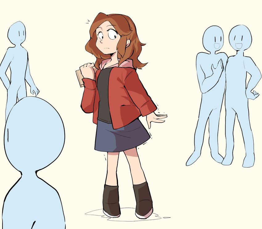 ambiguous_gender bottomwear clothed clothing dialogue female group hair holding_object human_only imminent_transformation jacket long_hair not_furry public shaking simple_background skirt toony topwear transformation transformation_sequence ginnosuke kelly_(pisang1) human mammal absurd_res hi_res