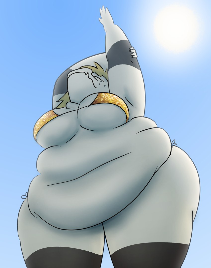 anthro belly bikini bikini_top blonde_hair breasts clothing female gold_bikini hair obese overweight overweight_female solo stretching swimwear two-piece_swimsuit flabfat golden_week tina_(flabfat) scalie absurd_res hi_res
