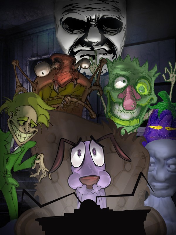 anthro blonde_hair clothing creepy eggplant electronics floating_head food fruit fur grin group hair male mask necktie pink_body pink_fur plant sitting smile suit television jeff4hb cartoon_network courage_the_cowardly_dog courage_the_cowardly_dog_(character) eustace_bagge evil_eggplants freaky_fred schwick spirit_of_the_harvest_moon the_blue_creature arthropod beagle blattodea canid canine canis cockroach domestic_dog human hunting_dog insect mammal scent_hound 3:4 absurd_res hi_res