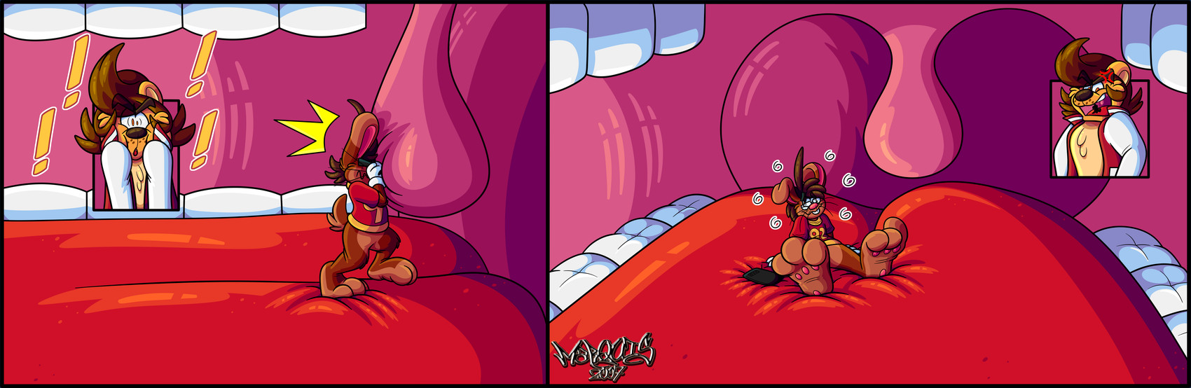 3_toes 4_fingers anthro big_feet big_tongue cartoon_gloves curling_toes duo feet fingers inside_mouth macro male mawplay micro open_mouth pawpads paws red_tongue soft_vore soles spread_toes surprised toes tongue toony uvula uvula_play vore marquis2007 liam_(tamerkoh) roderick_(tamerkoh) felid lagomorph leporid lion mammal pantherine rabbit absurd_res hi_res