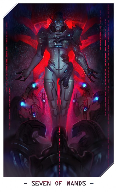 ambiguous_gender blue_eyes card card_template cybernetics fortune_telling glowing glowing_eyes group machine male minor_arcana seven_of_wands_(tarot) solo_focus tarot tarot_card wands_(tarot) alteya bioware electronic_arts mass_effect harbinger_(mass_effect) saren_arterius alien cyborg geth reaper_(mass_effect) robot turian hi_res