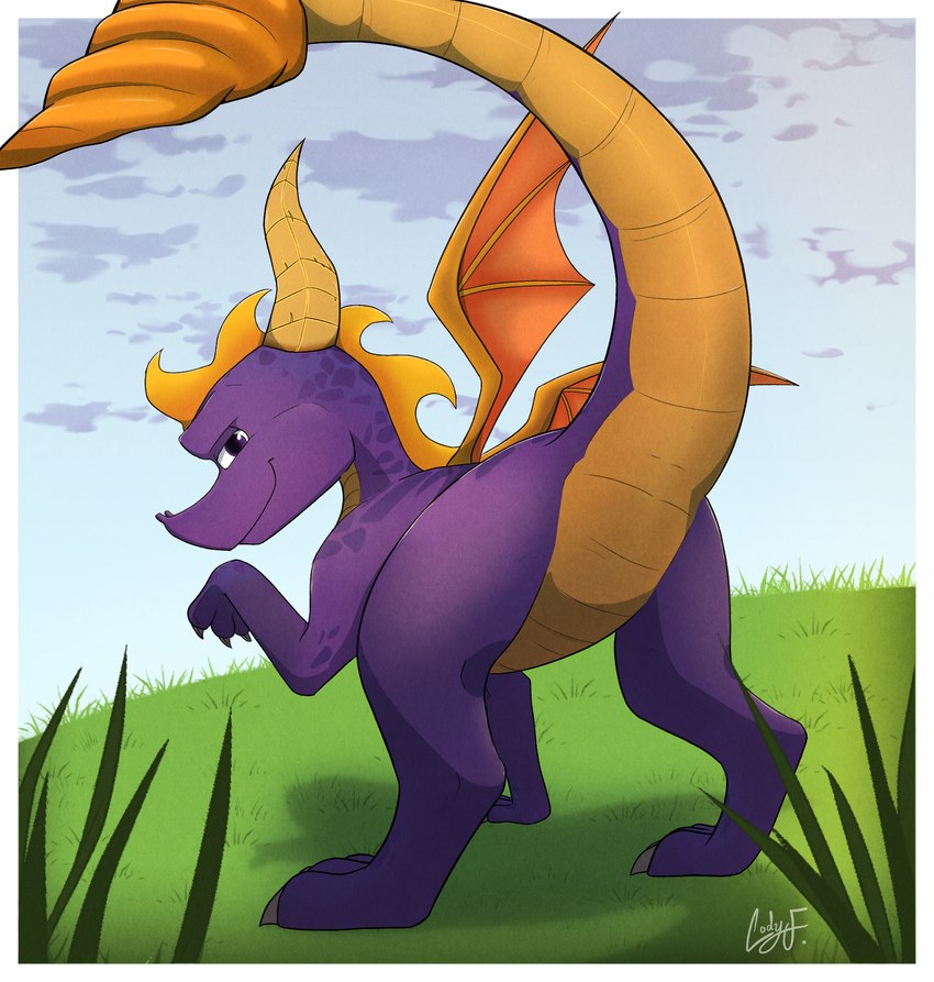 feral looking_at_viewer looking_back male purple_body purple_eyes raised_tail tail wings codyf0xx activision mythology spyro_reignited_trilogy spyro_the_dragon dragon mythological_creature mythological_scalie scalie hi_res