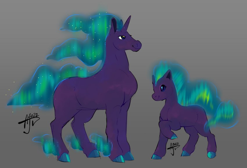 aurora_(phenomenon) beady_eyes black_eyes duo feral fur green_hair grey_background hair horn iridescent iridescent_fur iridescent_hair iridescent_hooves iridescent_mane iridescent_tail purple_body purple_fur simple_background smile flipside mythology nintendo pokemon equid equine generation_1_pokemon horse mammal mythological_creature mythological_equine pokemon_(species) pony ponyta rapidash unicorn 2022