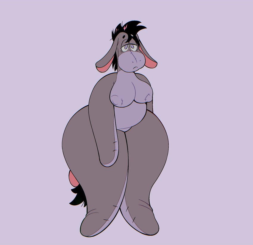 anthro areola big_breasts black_hair bottom_heavy breasts crossgender featureless_feet featureless_hands feet female fur grey_areola grey_body grey_eyes grey_fur grey_nipples hair nipples nude plushie purple_background simple_background slightly_chubby solo thick_thighs wide_hips gluestudd disney winnie_the_pooh_(franchise) eeyore animate_inanimate asinus donkey equid equine living_plushie mammal hi_res