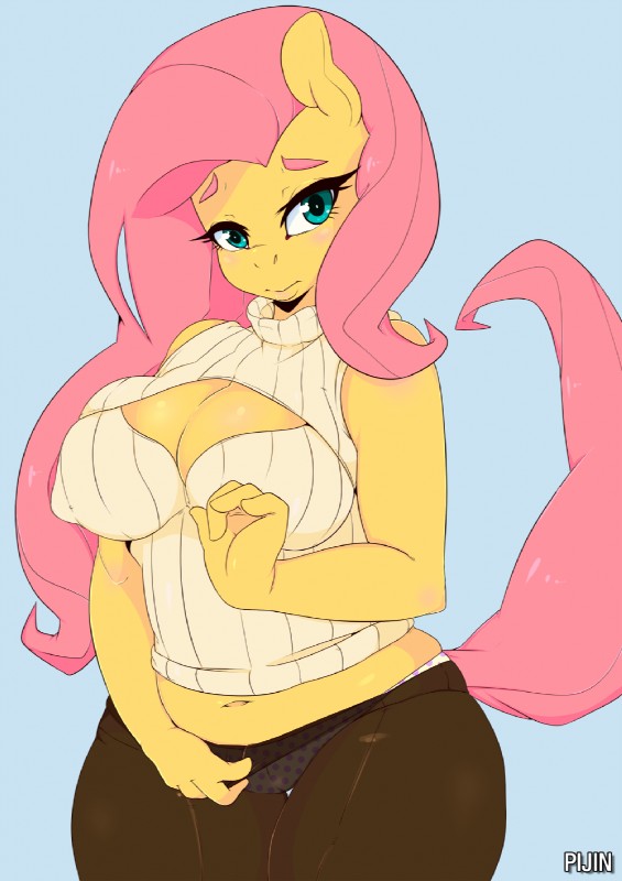 anthro anthrofied blue_background blush breasts camel_toe cleavage clothed clothing female hair legwear long_hair looking_at_viewer navel panties pantyhose pink_hair simple_background solo underwear yellow_body loopend friendship_is_magic hasbro my_little_pony fluttershy_(mlp) equid equine horse mammal pony 2016 hi_res