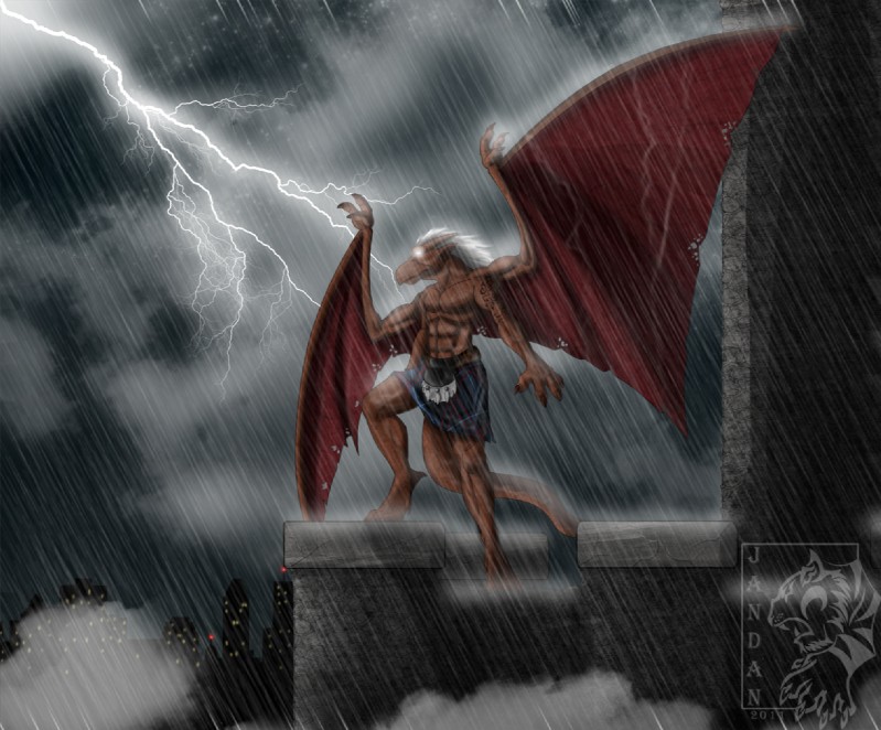 anthro bottomwear clothing cloud electricity kilt lightning male membrane_(anatomy) membranous_wings outside overcast raining sky solo sporran spread_wings storm wings jandan disney gargoyles brooklyn_(gargoyles) gargoyle