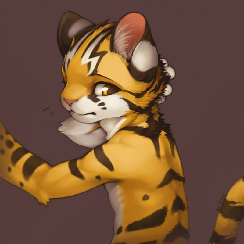 anthro black_stripes countershading fur inner_ear_fluff looking_down male nervous nude orange_body orange_fur pink_nose shy solo stripes tuft yellow_body yellow_eyes yellow_fur young young_anthro young_male unrealplace raier_(unrealplace) felid feline leopard_cat mammal prionailurus 1:1