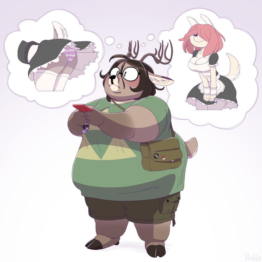 accessory anthro antlers blush bottomwear breasts brown_hair clothing electronics eyewear female glasses hair hair_over_eyes holding_object holding_phone hooves horn legwear maid_uniform male obese obese_anthro obese_male overweight overweight_anthro overweight_male panties phone phone_charm pin_accessory pin_button pink_hair pokeball satchel shirt shorts simple_background smile solo stockings stubble t-shirt text thinking thought_bubble thoughtful_expression topwear triforce underwear uniform white_background yellowhellion nintendo pokemon the_legend_of_zelda timo_(yellowhellion) canid canine deer mammal new_world_deer reindeer 2024 absurd_res hi_res japanese_text