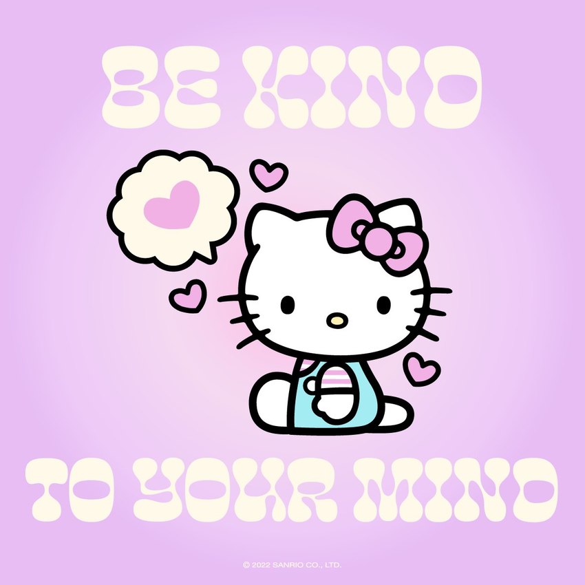 alternative_fashion anthro barefoot big_head big_text black_eyes black_outline bow_(feature) bow_accessory clothed clothing ear_bow fairy_kei feet female heart_symbol j-fashion looking_aside looking_at_viewer motivational_art motivational_poster mouthless o_o on_ground outline overalls purple_background round_head round_nose shirt short_tail simple_background simple_eyes sitting solo tail thick_outline thought_bubble toony topwear white_ears white_tail wide_eyed yellow_nose young unknown_artist hello_kitty_(series) sanrio hello_kitty_(character) domestic_cat felid feline felis mammal 1:1 2022 hi_res official_art pastel_theme