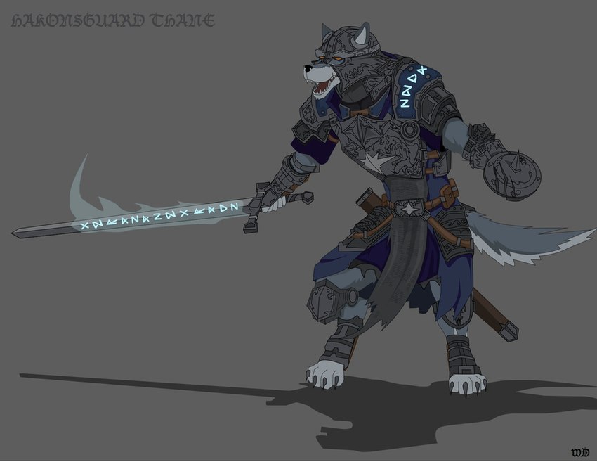 anthro armor biped buckler clothed clothing fully_clothed grey_background male melee_weapon runes scabbard simple_background solo spikes sword weapon wolfdawg canid canine canis mammal wolf 2017