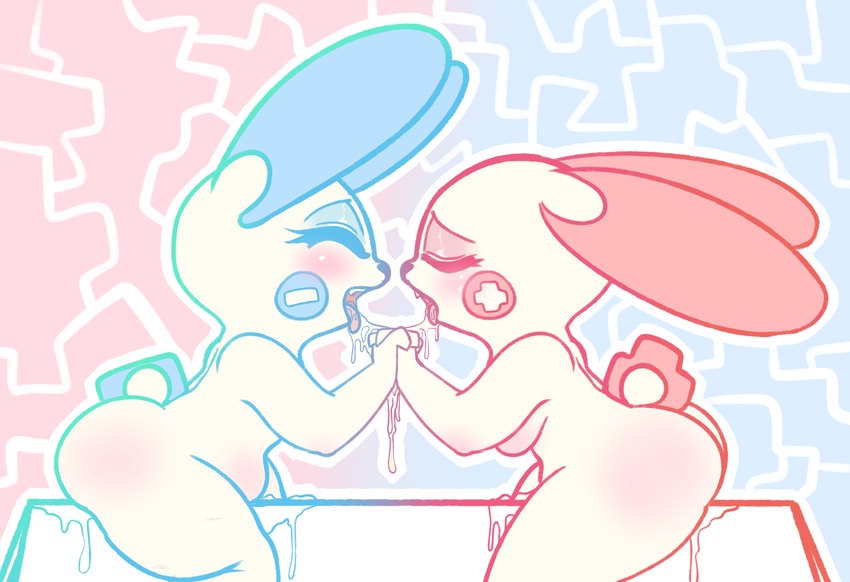 after_kiss anthro blush bodily_fluids duo eyes_closed female female/female genital_fluids hand_holding nude open_mouth pattern_background saliva saliva_string simple_background tongue tongue_out vaginal_fluids wooden_horse_(device) doodling_selkie nintendo pokemon generation_3_pokemon minun plusle pokemon_(species) 2022 absurd_res digital_drawing_(artwork) digital_media_(artwork) hi_res