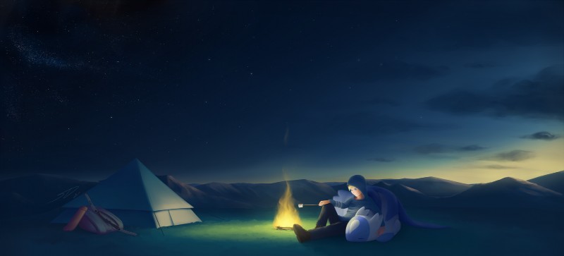 blue_eyes bow_(weapon) camping clothed clothing cloud cooking detailed_background duo eating eyes_closed feral fire floating food grass hair hoodie lying male mountain outside pale panorama peaceful plant quiver_(object) ranged_weapon red_eyes sitting sky sleeping smile star sunset topwear weapon wings mikapoofs nintendo pokemon generation_3_pokemon human latios legendary_pokemon mammal pokemon_(species) 2016 digital_media_(artwork) hi_res story story_in_description