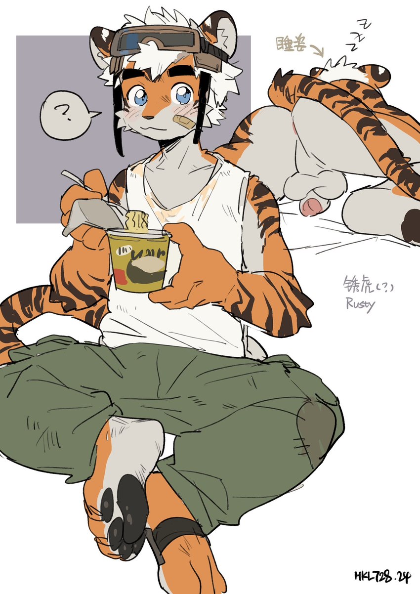 anthro anus balls blue_eyes blush bottomwear clothing eating feet fur genitals hair hindpaw humanoid_genitalia humanoid_penis looking_at_viewer male nutt orange_body orange_fur pants paws penis sleeping solo striped_body striped_fur stripes tail topwear white_hair milkybot felid mammal pantherine tiger 2024 hi_res