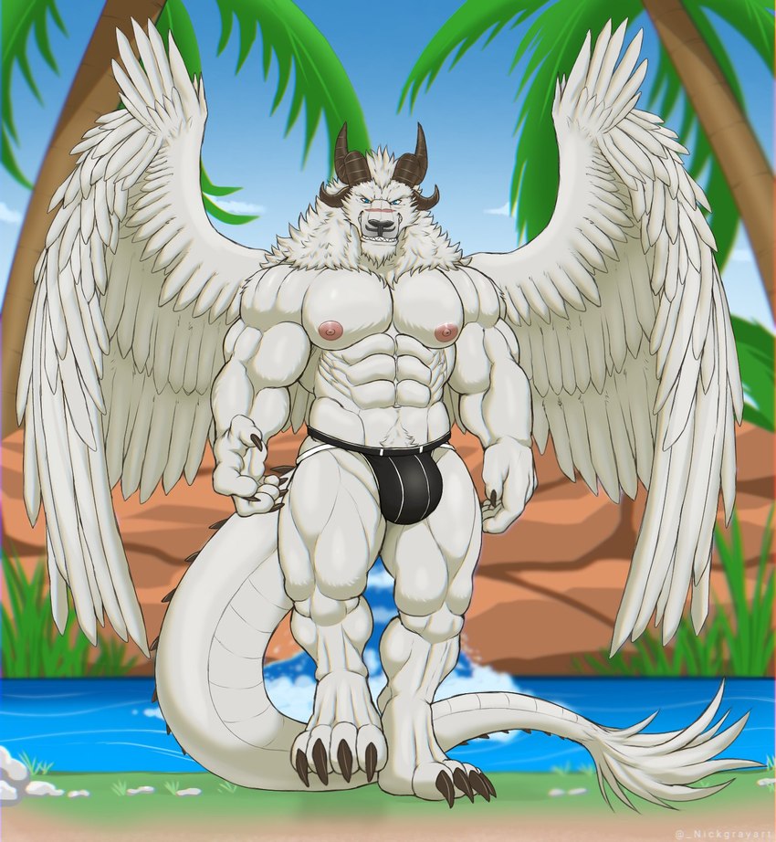 4_toes abs anthro black_claws black_clothing black_horn black_jockstrap black_underwear bulge claws clothed clothing digitigrade feathered_wings feathers feet horn jockstrap jockstrap_only looking_at_viewer male muscular muscular_male nipples pecs pink_nipples tail tail_tuft toes topless tuft underwear underwear_only white_body wings nickgray mythology dragon mythological_creature mythological_scalie scalie hi_res