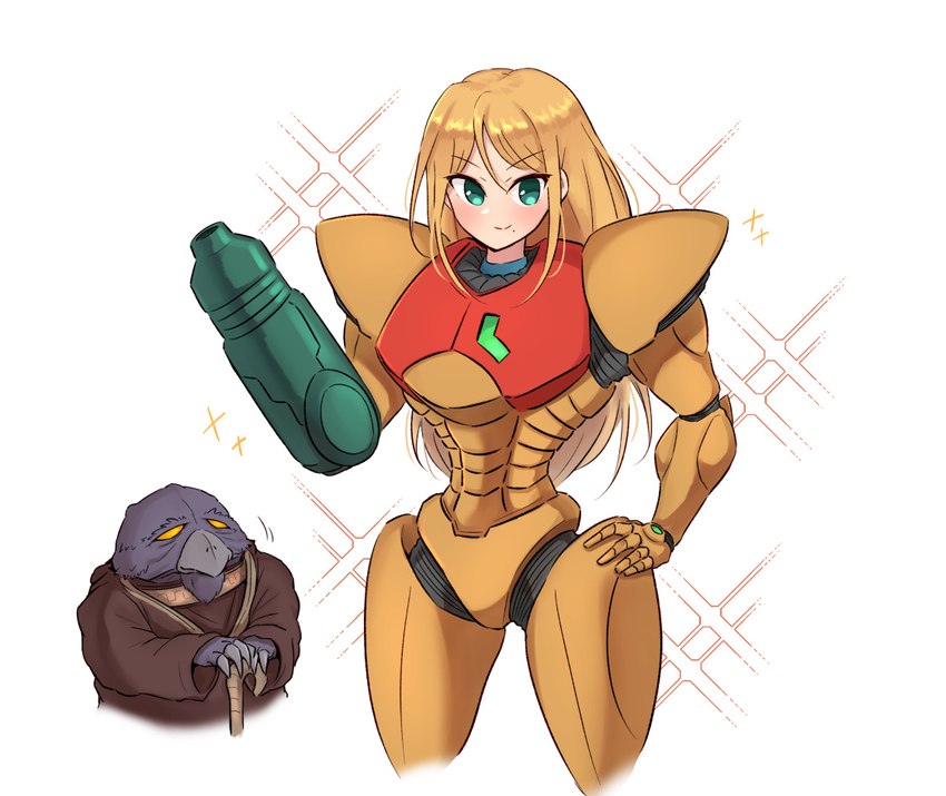 anthro arm_cannon armor beak being_watched blonde_hair cane duo female hair light_body light_skin long_hair looking_at_another looking_at_viewer male markings mole_(marking) simple_background smile varia_suit weapon wata-ridley metroid nintendo old_bird_(metroid) samus_aran avian chozo human mammal