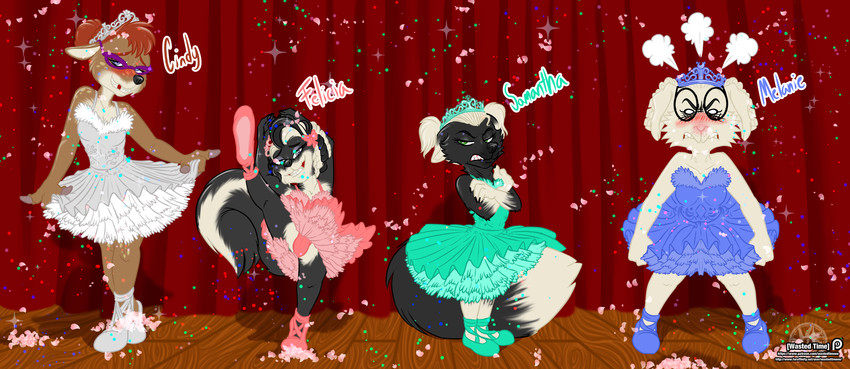 alternative_fashion angry annoyed anthro arabesque_(ballet) arabesque_devant_(ballet) ballerina ballet blush clothed clothing curtsey dancing dress female fifth_position_arms_(ballet) footwear frilly glare group j-fashion lolita_(fashion) petticoat public shiro_lolita shoes shy slippers smile stage upskirt wastedtimeee disney zootopia cindy_doeson fan_character felicia_muskellini melanie_gessaney samantha_velarian bovid canid canine caprine deer fox goat mammal mephitid mustelid new_world_deer skunk white-tailed_deer absurd_res hi_res