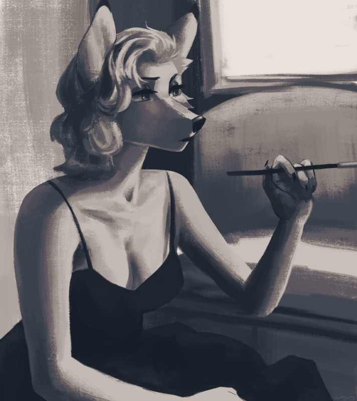 4_fingers anthro black_claws black_clothing black_nose breasts claws cleavage clothed clothing dress eyelashes female fingers fur hair smoking solo window captyns canid canine fox mammal 2019 half-length_portrait hi_res monochrome portrait shaded