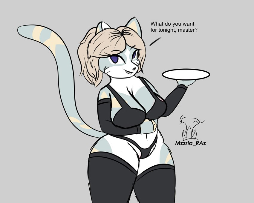 anthro big_breasts breasts clothed clothing female fur hair holding_plate legwear lingerie looking_at_viewer open_mouth simple_background solo stockings text mzzrlaraz domestic_cat felid feline felis mammal sabrina_(disambiguation) 5:4 absurd_res digital_media_(artwork) english_text hi_res