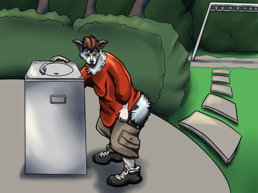 anthro black_hair boots bottomwear clothing drinking_fountain eyes_closed facial_hair footwear fur goatee grey_body grey_fur hair human_to_anthro male mid_transformation orange_eyes oversized_clothing park red_hair shirt shoes shorts shrinking size_transformation species_transformation t-shirt tail topwear transformation white_body white_fur white_skin fazar ra'zim razor_(razim) razor_the_firedog canid canine elemental_creature firedog human mammal