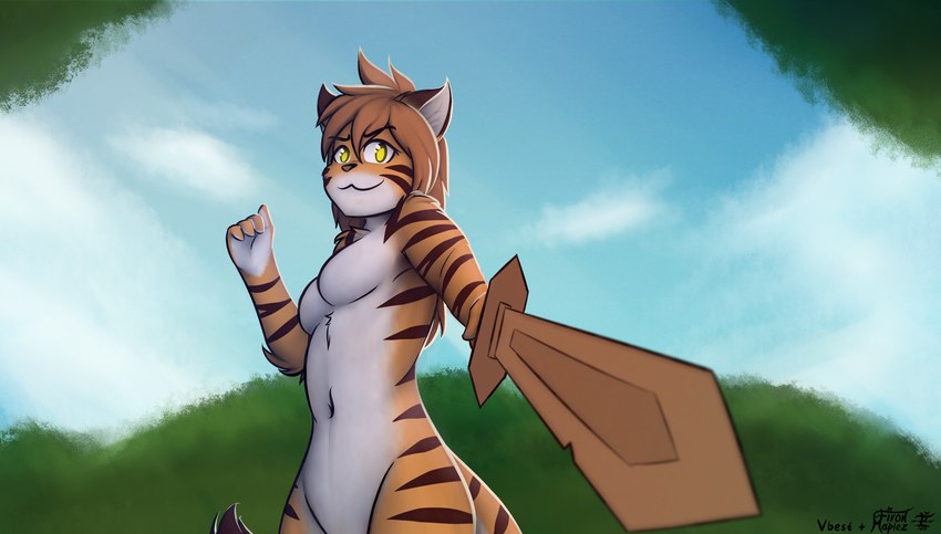 anthro black_stripes breasts brown_hair featureless_breasts female fur hair holding_melee_weapon holding_object holding_sword holding_weapon looking_at_viewer melee_weapon multicolored_body multicolored_fur navel nude orange_body orange_fur outside small_breasts smile smiling_at_viewer solo striped_body striped_fur stripes sword weapon white_body white_fur yellow_eyes fironmaplez_(artist) vbest twokinds flora_(twokinds) felid keidran mammal pantherine tiger 2020 hi_res