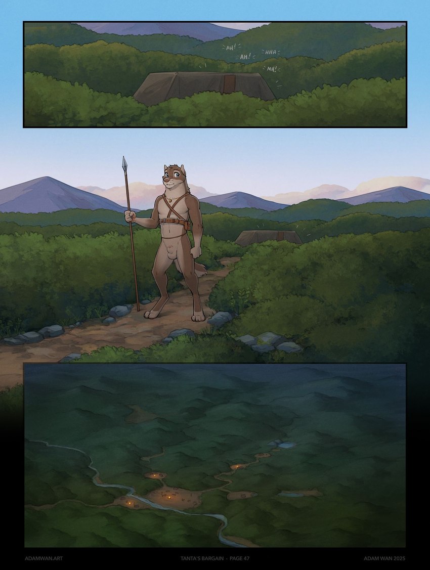 3_toes 4_fingers ambiguous_gender animal_genitalia anthro balls brown_body brown_fur brown_hair casual_nudity day feet fingers fur genitals hair hindpaw humanoid_hands male melee_weapon mostly_nude mostly_nude_anthro mostly_nude_male night outdoor_nudity outside page_number paws polearm sheath solo spear standing tent toes tribal weapon zaush marin_(zaush) canid canine canis mammal wolf 2025 comic hi_res
